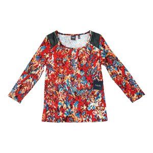 NWT Rafaella‎ Top Shirt Womens Medium Red Tapestry Print Faux Zip Leather Trim